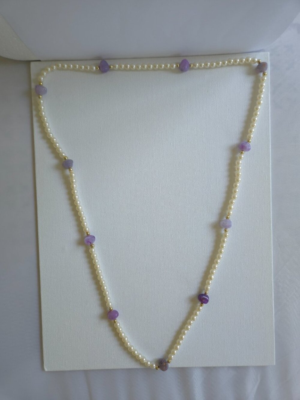 Vintage Long Faux Pearl Strand Necklace Purple Amethyst Glass Necklace